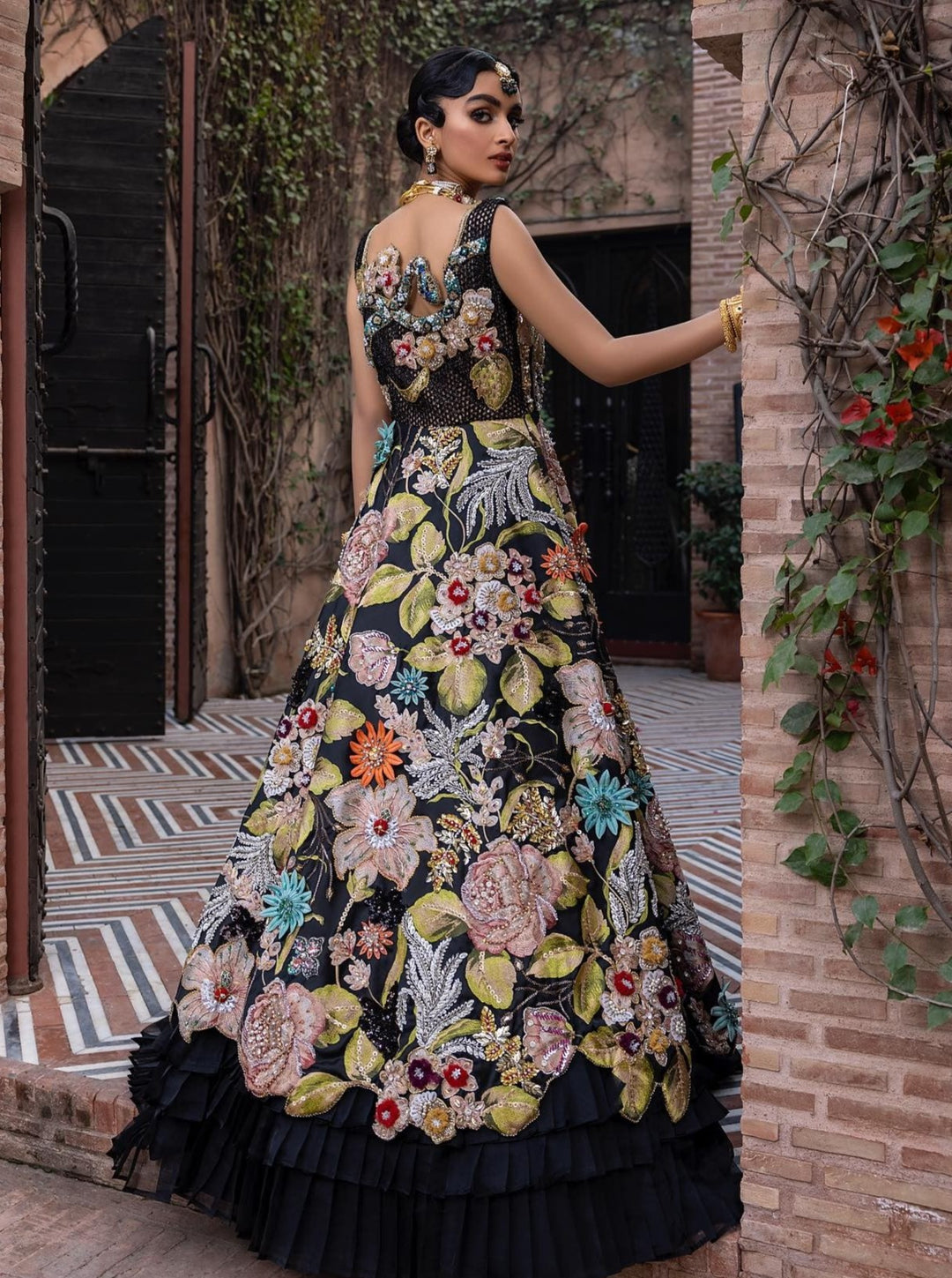 Heavily Embellished Black Frock Lehenga Dress for Wedding Nameera by Farooq