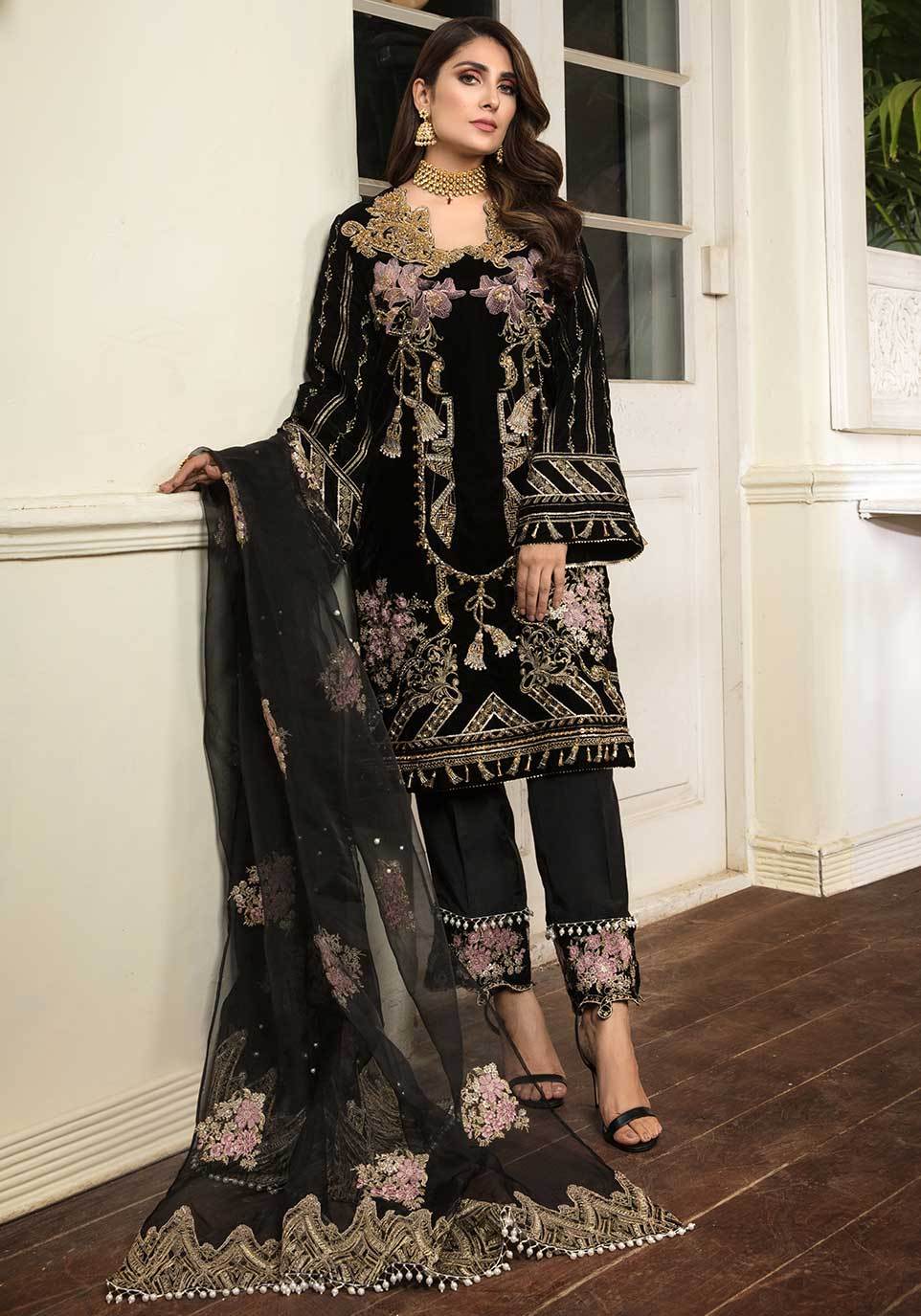 Buy Black Velvet Party Dress With Embroidery Online – Nameera by Farooq