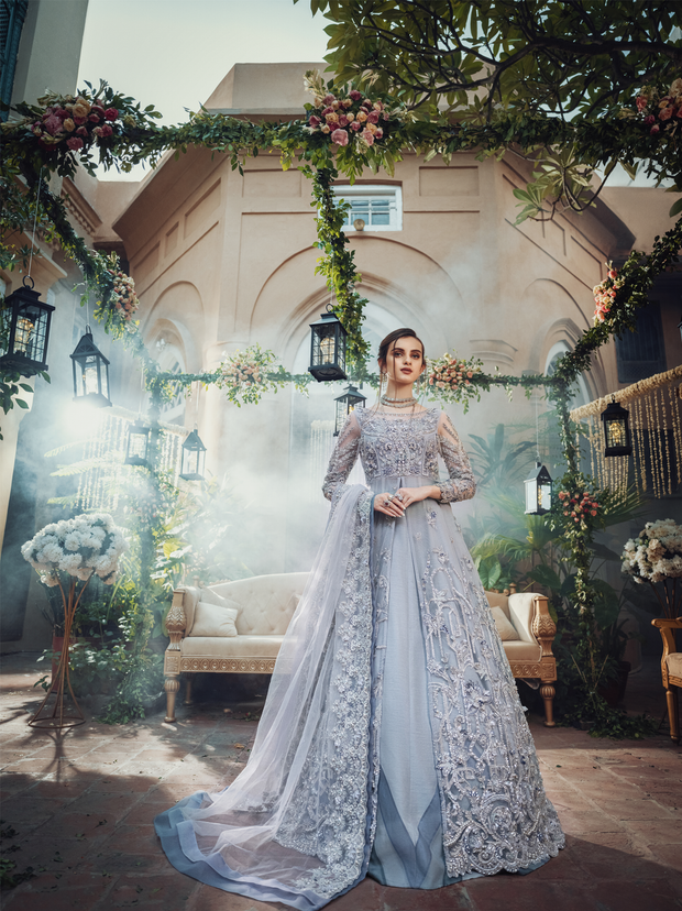 Blue Grey Bridal Lehenga with Front Open Gown