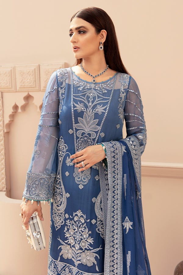 Blue Kameez Salwar with Fine Embroidery Work Online