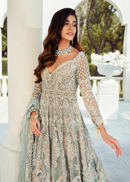 Embellished Gown Style with Heavy Zardozi Work on Ice Blue Lehenga ...