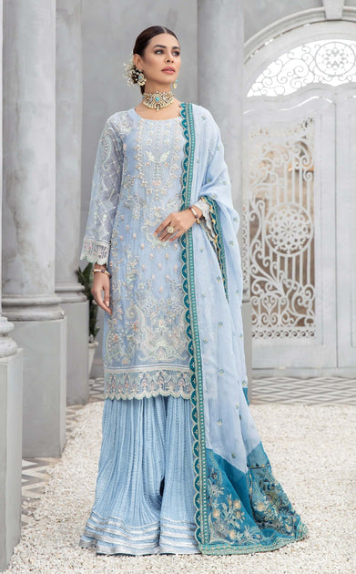 Blue Pakistani Dress in Kameez Sharara Dupatta Style – Nameera by Farooq