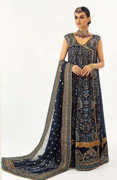 Blue Pakistani Wedding Dress in Angrakha Frock Style – Nameera by Farooq