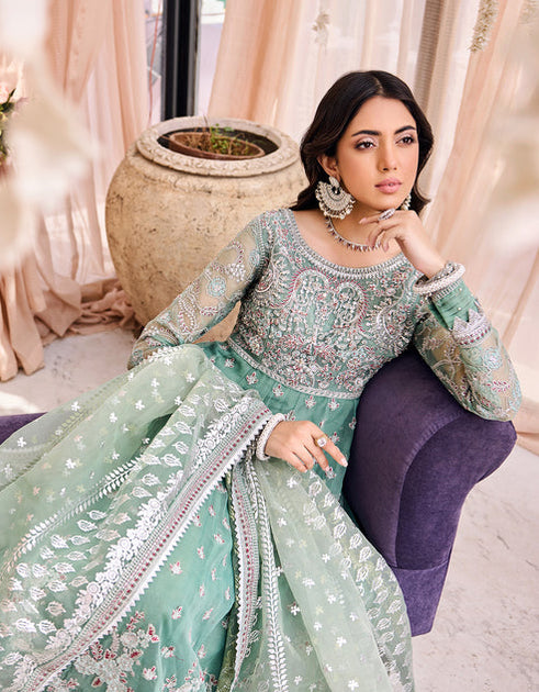 Blue Pakistani Wedding Dress in Classic Frock Style – Nameera by Farooq