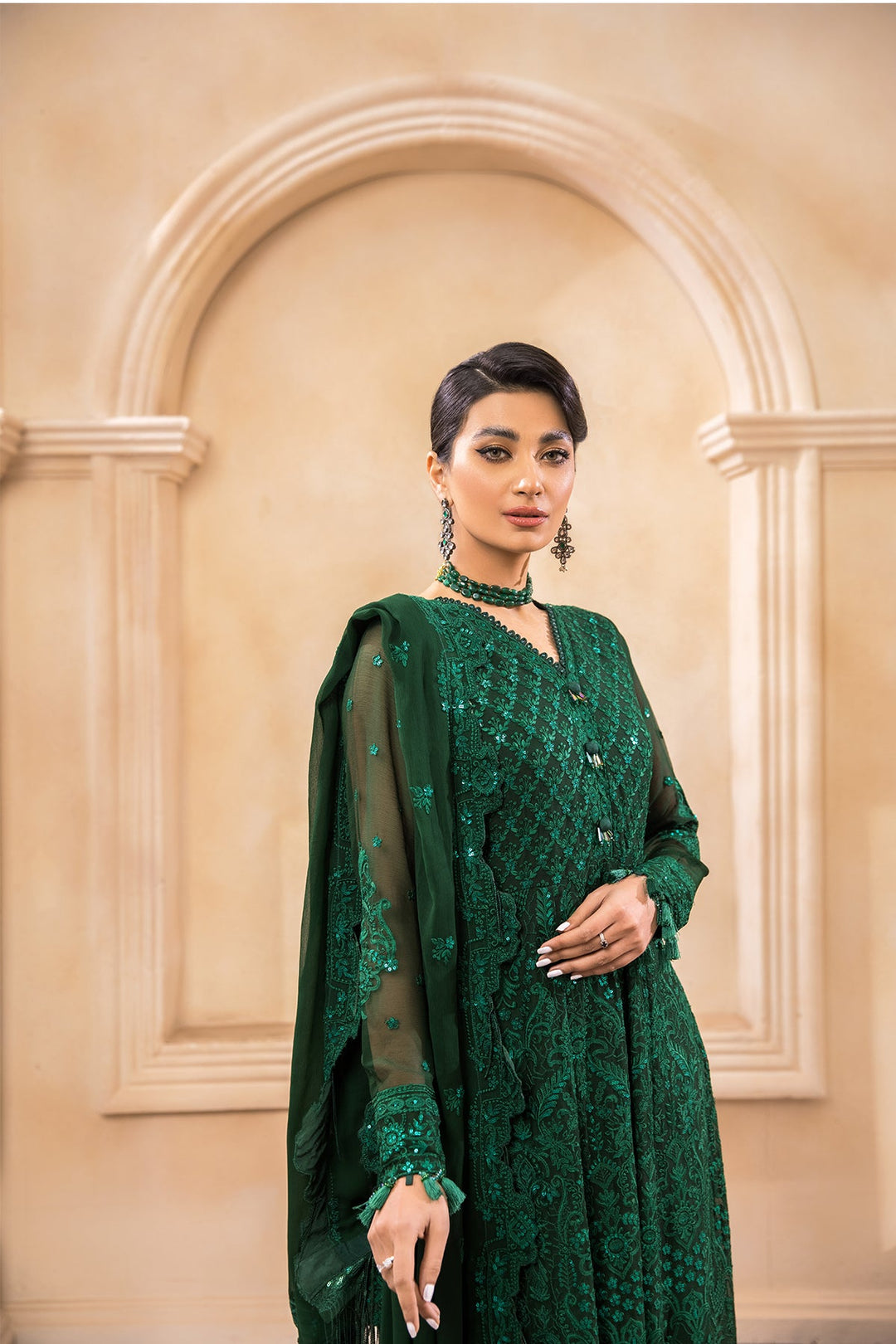 Bottle Green Pakistani Dress with Embroidery Online 2022 Nameera by Farooq