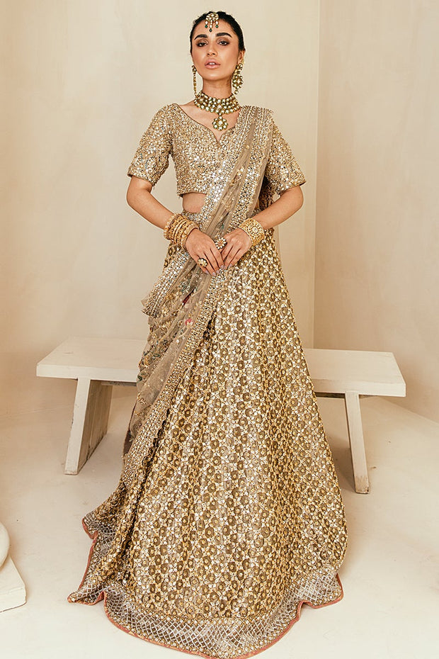 Bridal Golden Lehenga Choli Dress Pakistani