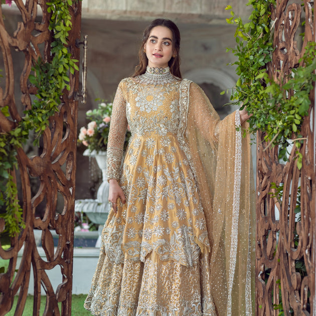 Bridal Lehenga Peplum Yellow Pakistani Bridal Dress Online – Nameera by ...