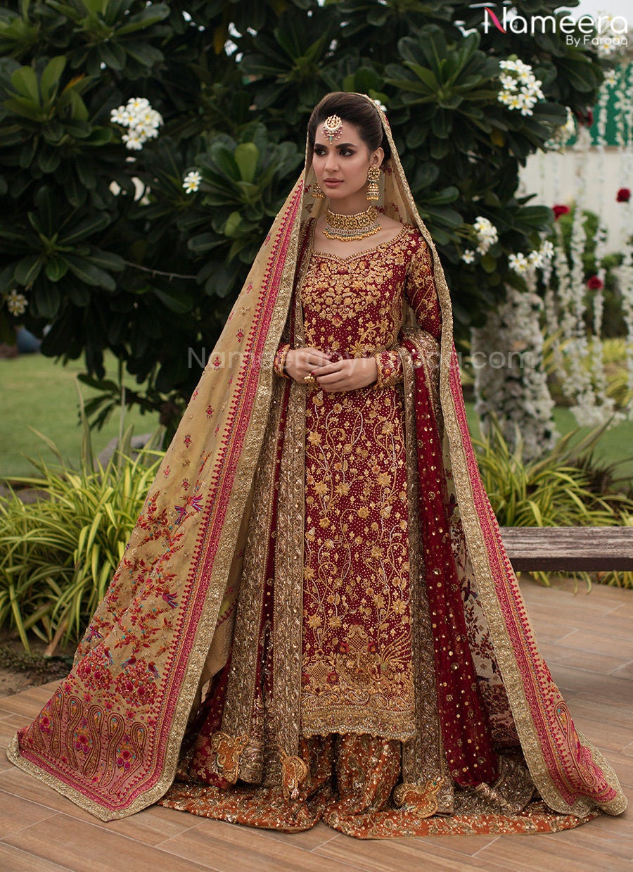 Pakistani Long Shirt Lehenga Bridal Dress in Red and Pink – Nameera by ...