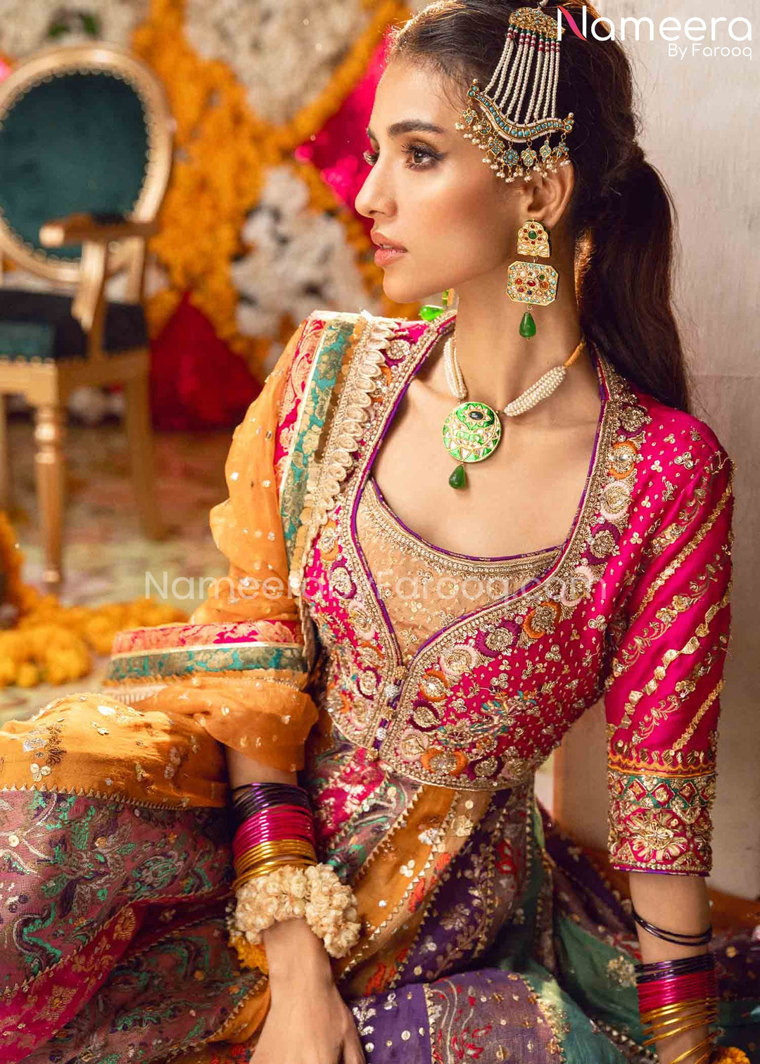 Multi Color Mehndi Dress in Traditional Pishwas Style Online Nameera by Farooq