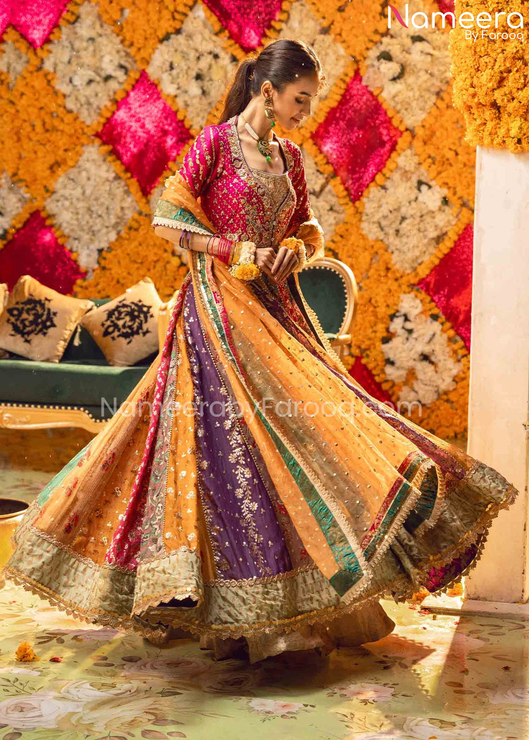 Multi Color Mehndi Dress in Traditional Pishwas Style Online Nameera by Farooq