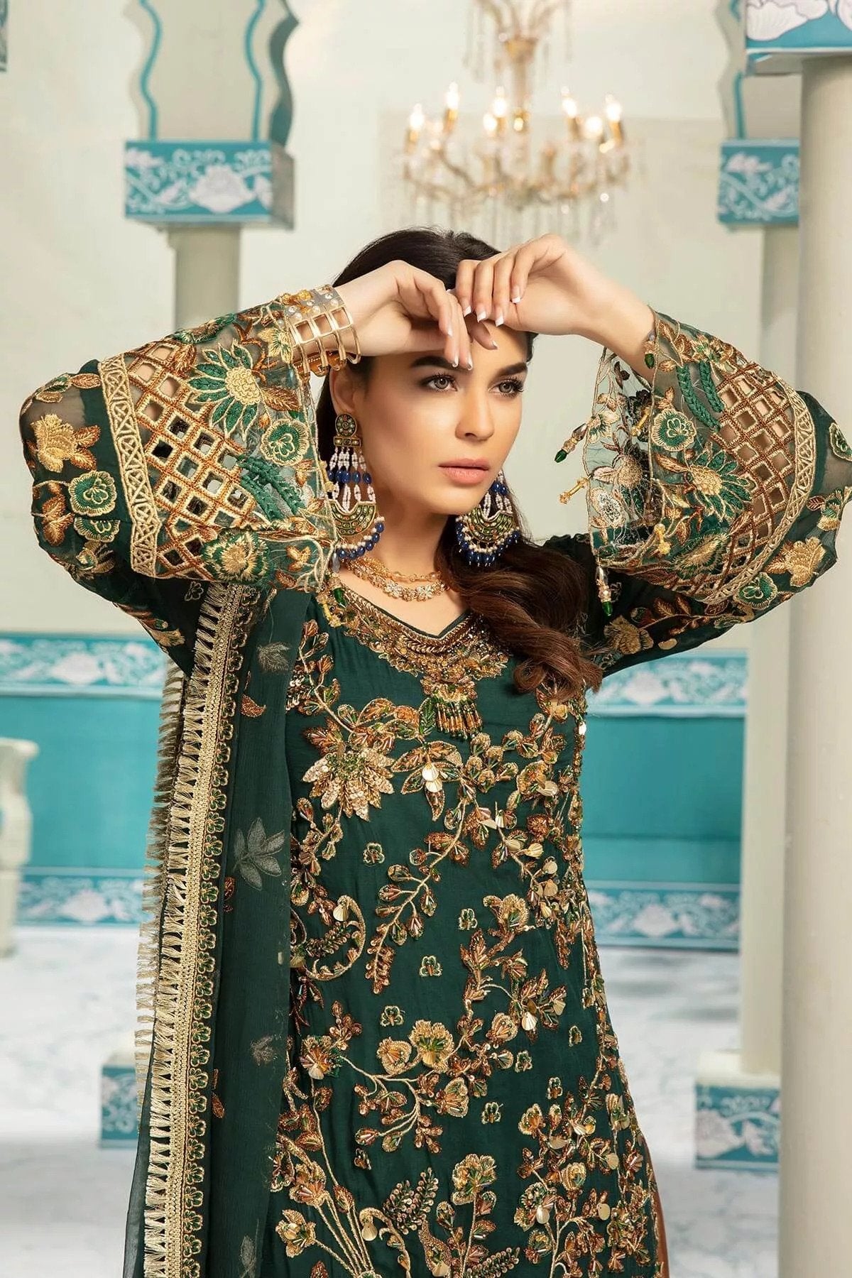 Shop Latest Pakistani Emerald Green Dress In Chiffon – Nameera by Farooq