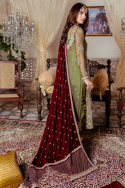Pakistani embroidered chiffon party outfit in green and maroon color # P2448