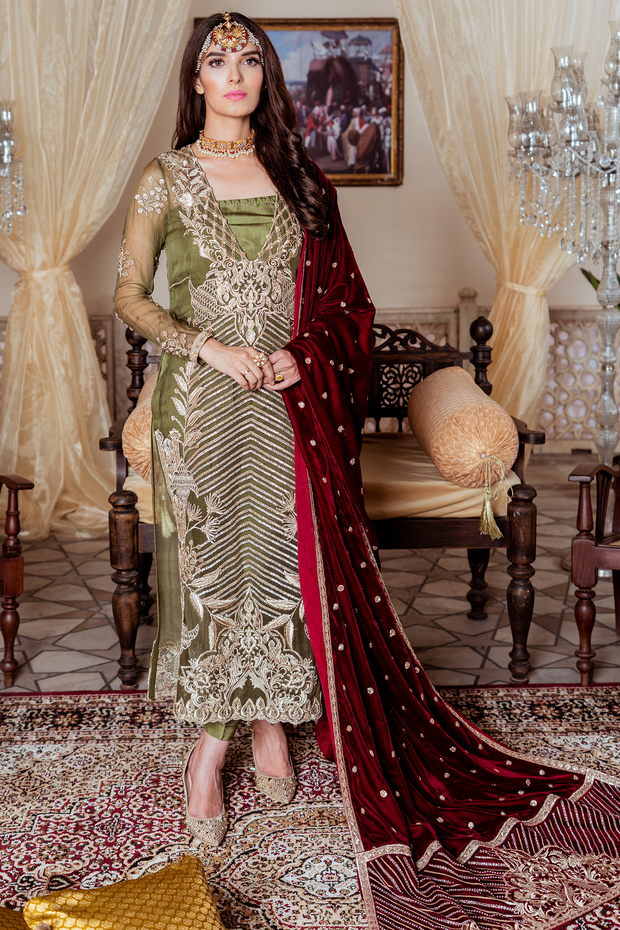 Pakistani embroidered chiffon party outfit in green and maroon color # P2448
