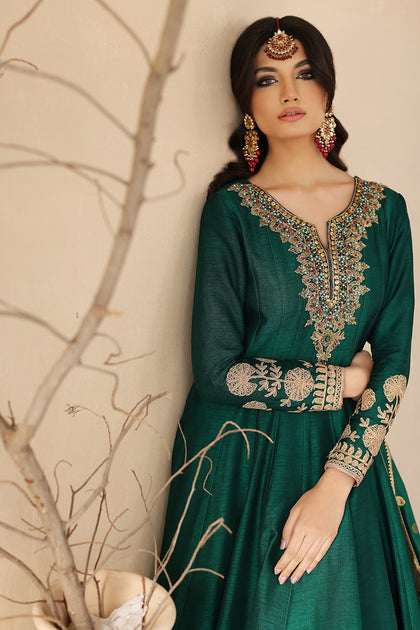 Silk Net Green Angrakha for Pakistani Wedding Dresses – Nameera by Farooq