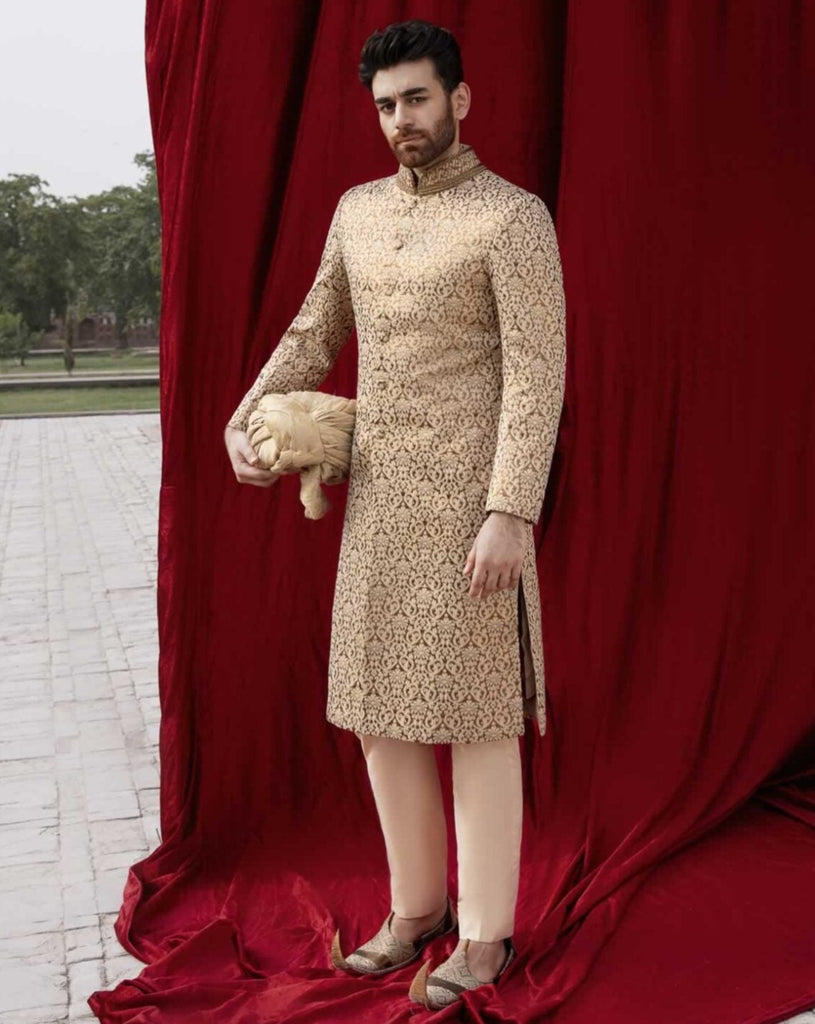 Elegant Designer Grooms Sherwani in White Jamawar #GN14 | Indian groom  wear, Sherwani groom, Groom dress men
