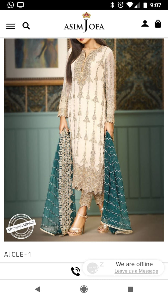 Beautiful Chiffon Dress by Asim Jofa in Offwhite and Sea Green Color Nameera by Farooq