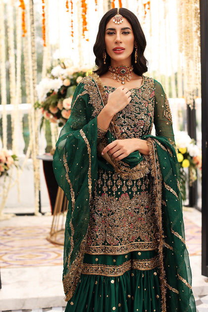 Dark Green Gharara Kameez for Pakistani Mehndi Wear – Nameera by Farooq