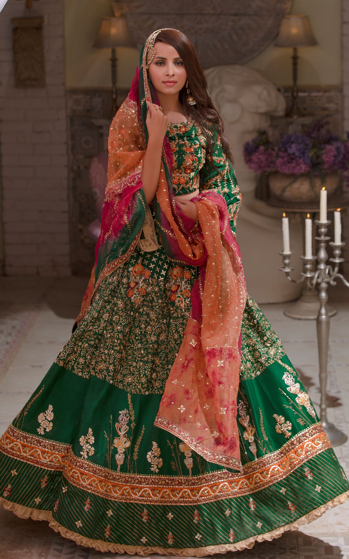 Embroidered Mehndi Dress in Dark Green Lehenga Choli Style – Nameera by ...