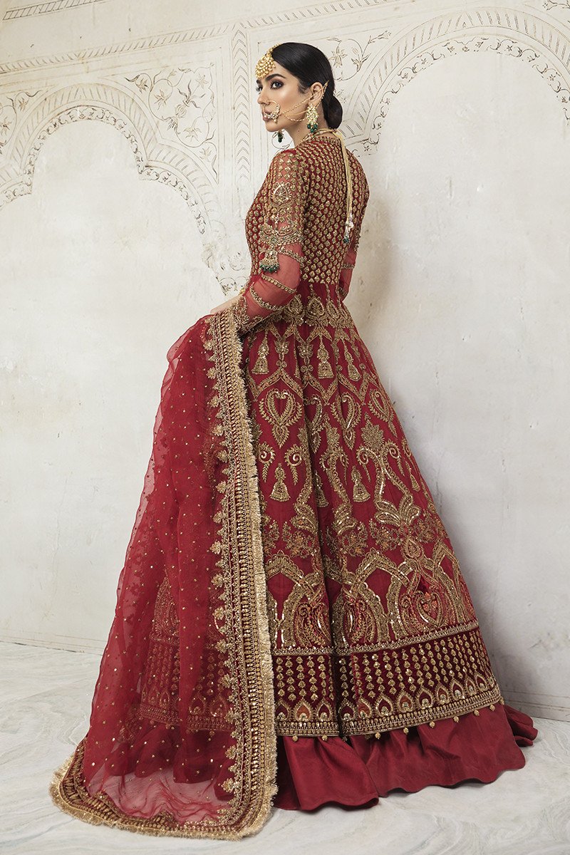 Deep Red Bridal Dress Pakistani in Pishwas Style Online – Nameera by Farooq