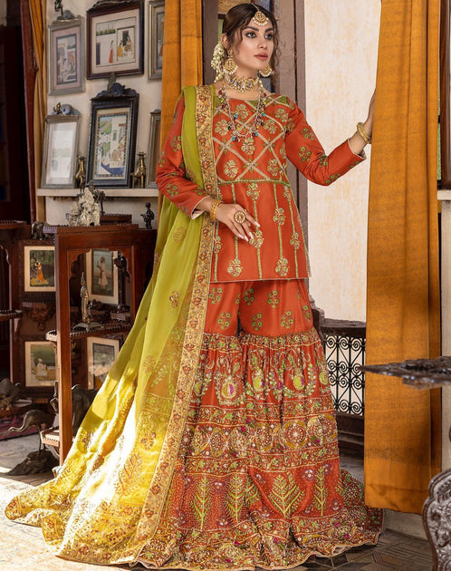 Desi Wedding Dress in Gharara Kameez and Dupatta Style – Nameera by Farooq