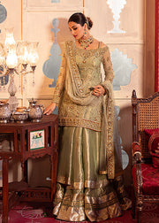 Designer Golden Nikah Dress in Lehenga Shirt