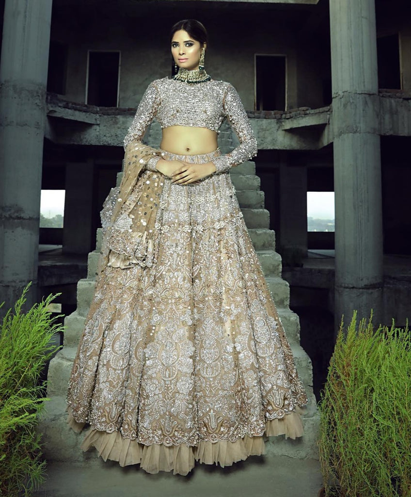 Grey Net Lehenga Top With Grey Resham/Thread Embriodery Highlighted Wi –  Mongas