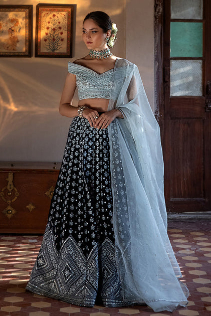 Embriodered Designer Velvet Blue Lehenga Choli for Bride – Nameera by ...