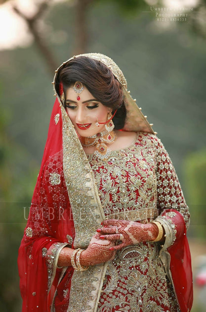 Beautiful Bridal Lahnga in Rose Red and Golden Color – Nameera by Farooq