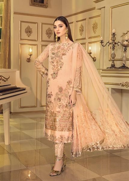 Latest Chiffon embroidered Pakistani Eid wear 2020 in peach color # P2482