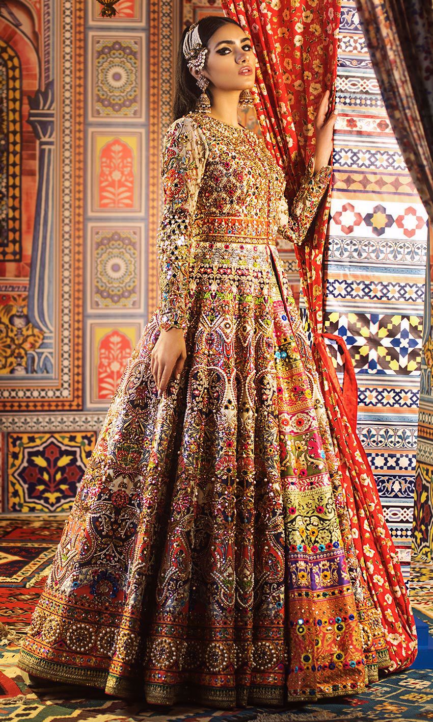 Elegant Bridal Mehndi Lehenga with Mirror Work Nameera by Farooq