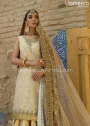 Elegant Farshi Gharara and Kameez Dupatta in Ivory Gold