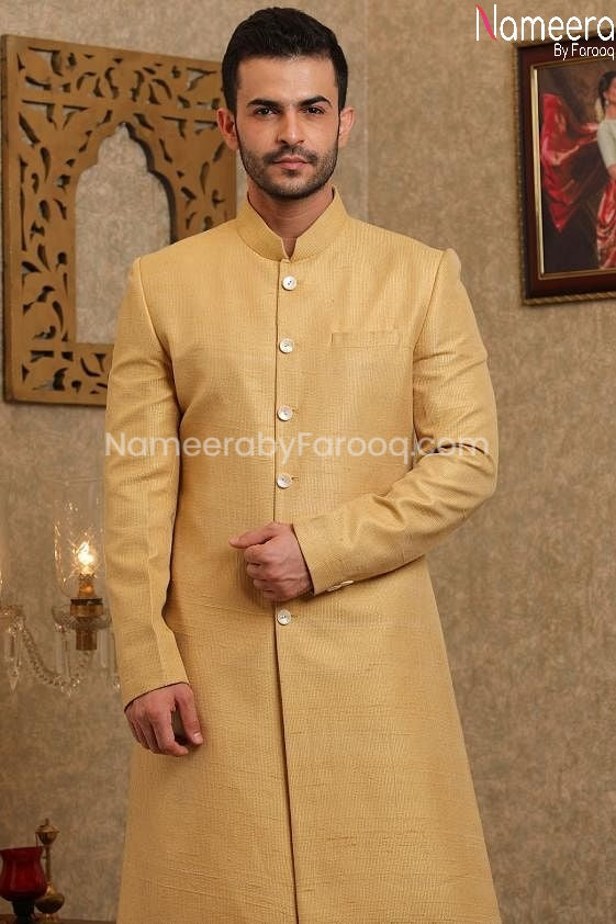 Elegant Golden Pakistani Sherwani for Groom 2021 Close up