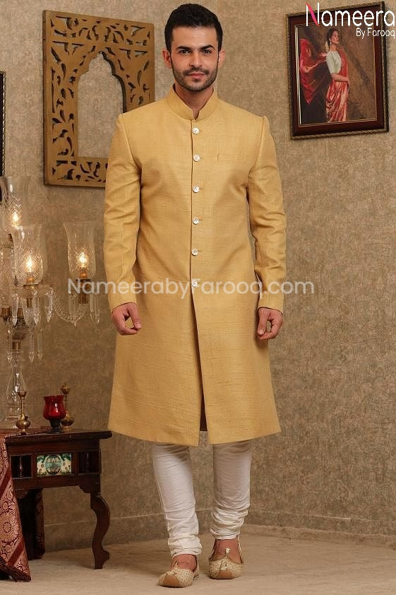 Elegant Golden Pakistani Sherwani for Groom 2021 Front Look