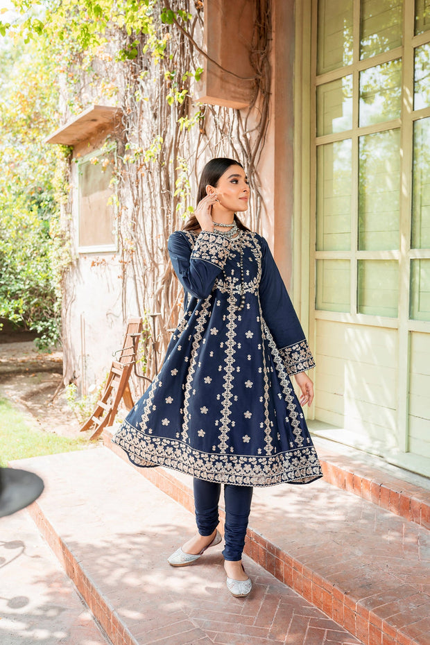 Pakistani Blue Dress in Embroidered Frock Trouser Style for Eid ...