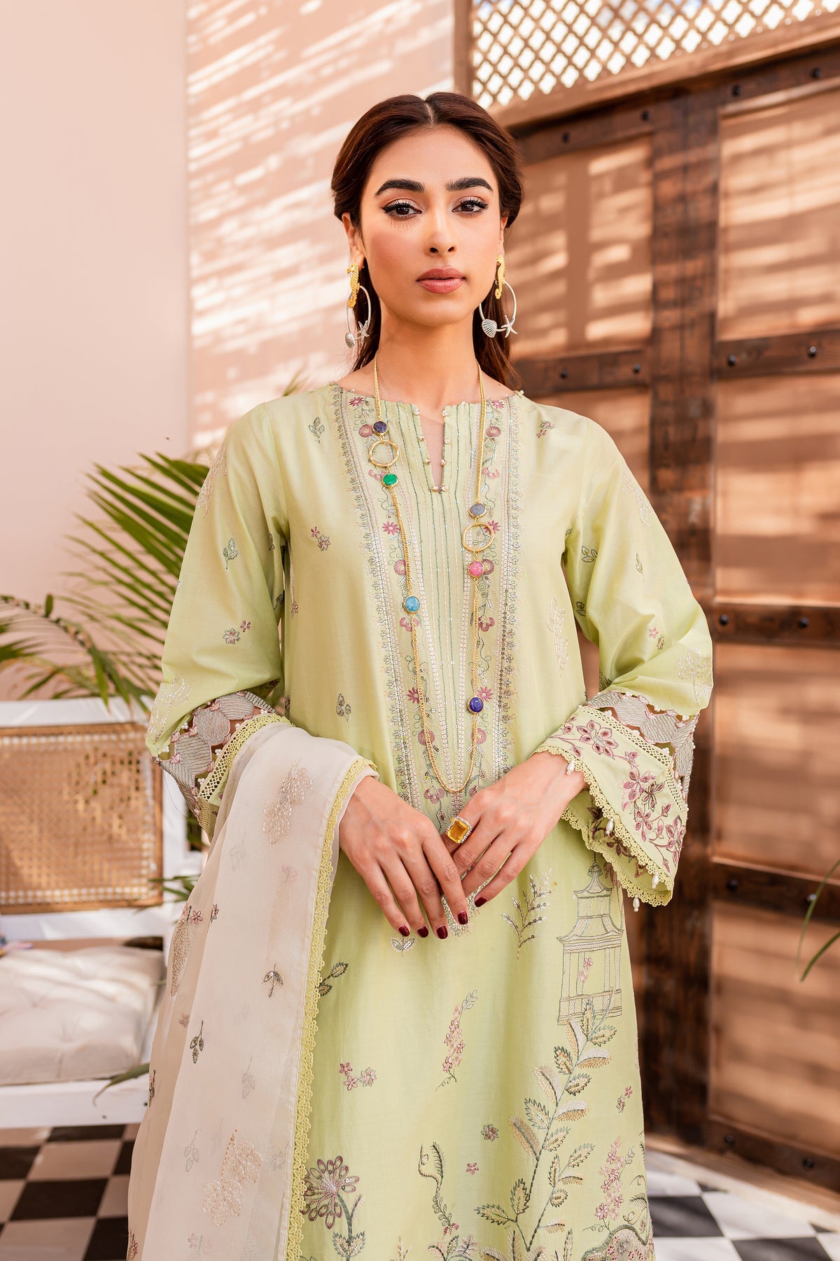 Pakistani Eid Dress in Green Lawn Kameez Trouser Style – Nameera by Farooq