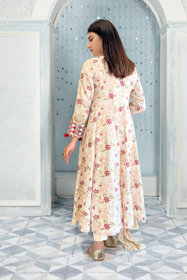 Buy Elegant Pakistani Long Frock with Trousers and Dupatta  Nameera by  Farooq