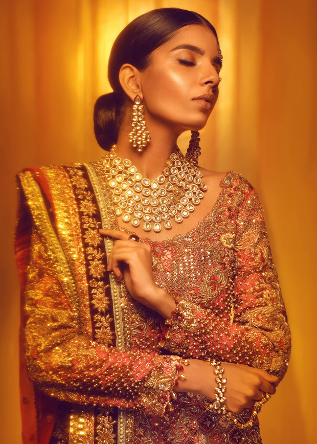 Elegant Pakistani Bridal Red Lehnga for Wedding Close Up
