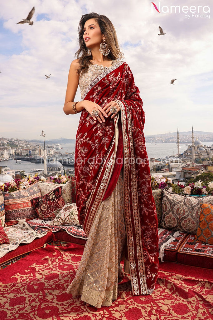 Royal Pakistani Bridal Dress in Deep Red Saree Style