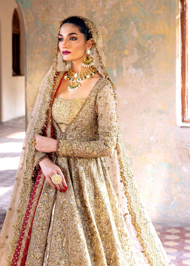 Embellished Gold Pakistani Bridal Dress in Wedding Lehenga Gown and Double Dupattas Style