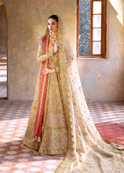 Embellished Gold Pakistani Bridal Dress in Wedding Lehenga Gown and Double Dupattas Style Online