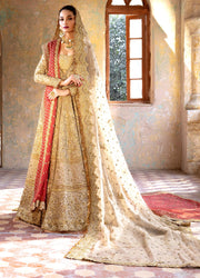 Embellished Gold Pakistani Bridal Dress in Wedding Lehenga Gown and Double Dupattas Style