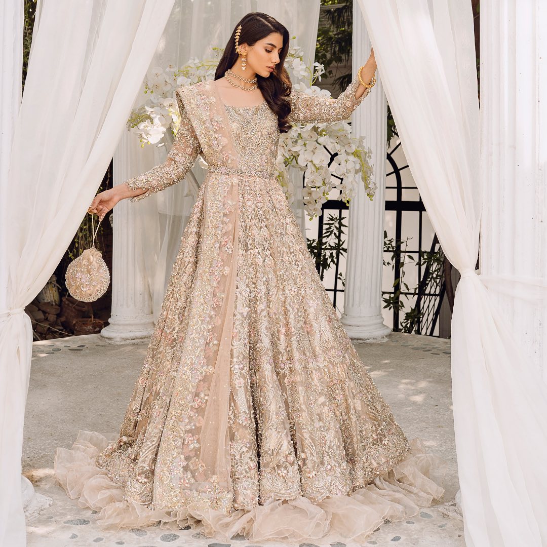 Embellished Indian Bridal Wear Beige Skin Lehenga Frock – Nameera by Farooq