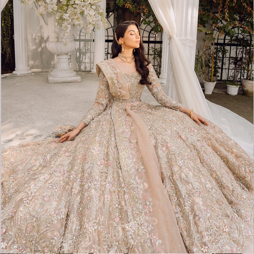 Embellished Indian Bridal Wear Beige Skin Lehenga Frock – Nameera by Farooq