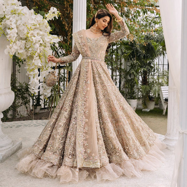 Embellished Indian Bridal Wear Beige Skin Lehenga Frock – Nameera by Farooq