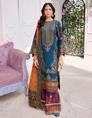 Embellished Pakistani Orange Blue Kameez Salwar Suit