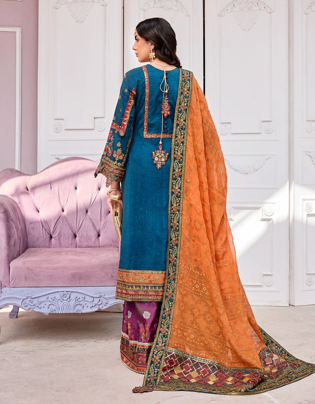 Embellished Pakistani Orange Blue Kameez Salwar 