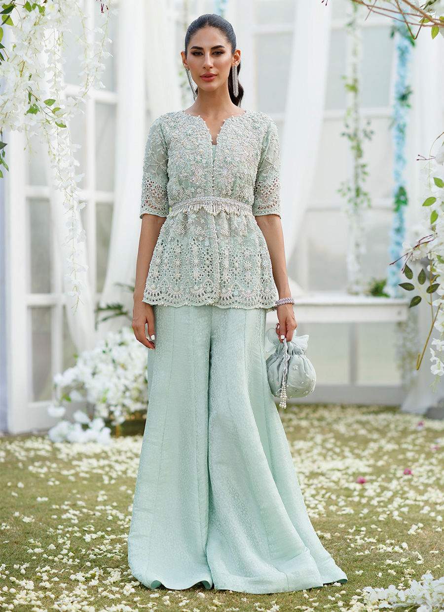 Embellished Pakistani Wedding Dress Designer Peplum Suit Nameera by Farooq