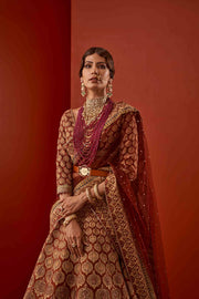 Embellished Red Bridal Lehenga in Jamawar 2022