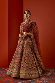 Embellished Red Bridal Lehenga in Jamawar Print 