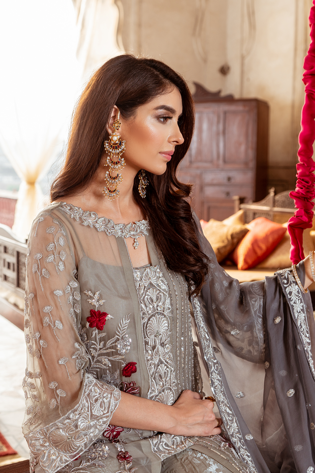 Pakistani fully embellished chiffon dress in elegant grey color # P2449